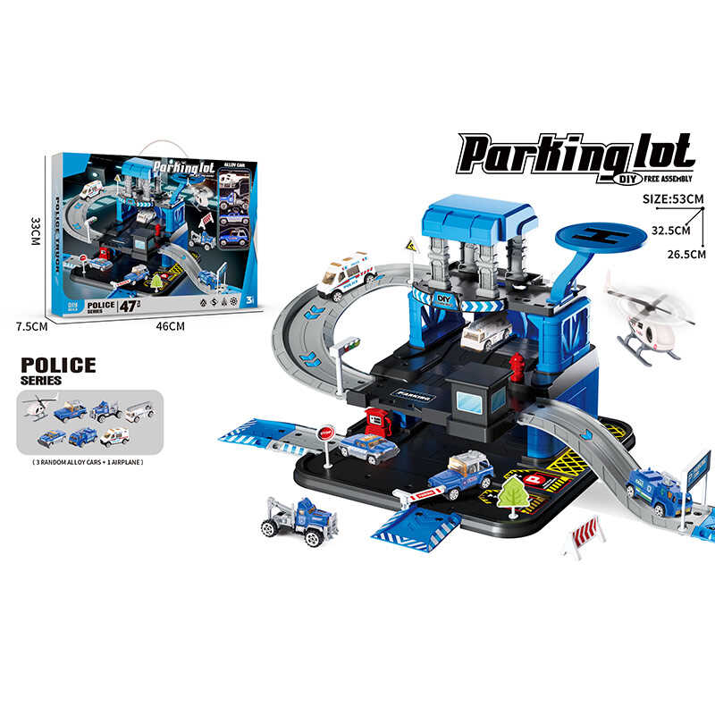 Трек 666-12 (24) 3 металопластикові машинки, гелікоптер, 3 рівні, муляжі оточення, наліпки, в коробці