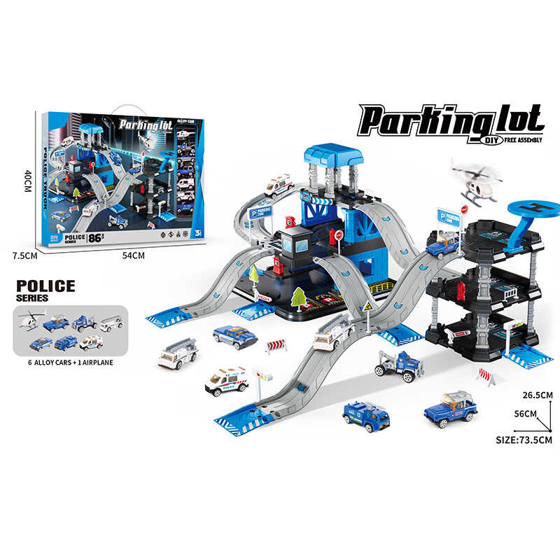 Трек 666-15 (18) 6 металопластикових машинок, гелікоптер, 3 рівні, муляжі оточення, наліпки, в коробці