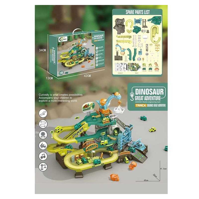 Трек 688-25 (12) 4 машинки, підіймальний кран, автоматичний підіймач, музика, підсвічування, наліпки, в коробці