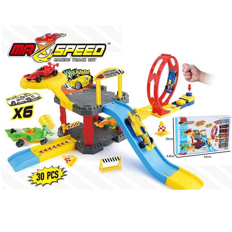 Трек 8867 C (60/2) 60 елементів, 2 рівні, 6 машинок, механічний запускач, муляжі оточення, в коробці