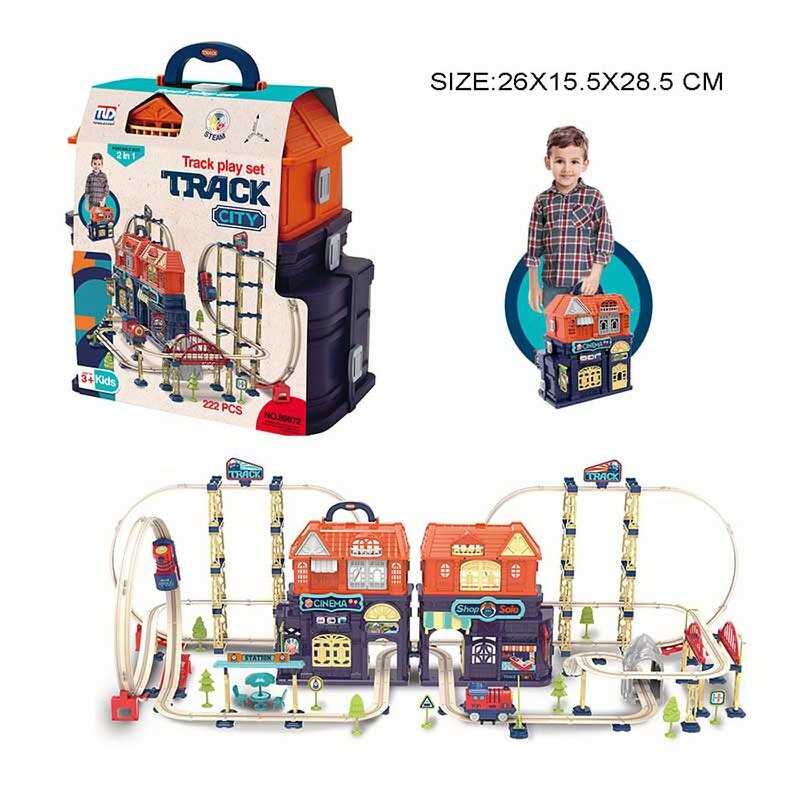 Трек 89972 (12)  2в1 бокс+трек, потяг, звук, 222 елементи, довжина треку 127см, двері будинку відчиняються, рейки, у валізі