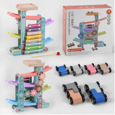 Трек C 44894 (20) дерево-пластик, 4 поверхи, 6 машинок, ксилофон, в коробці