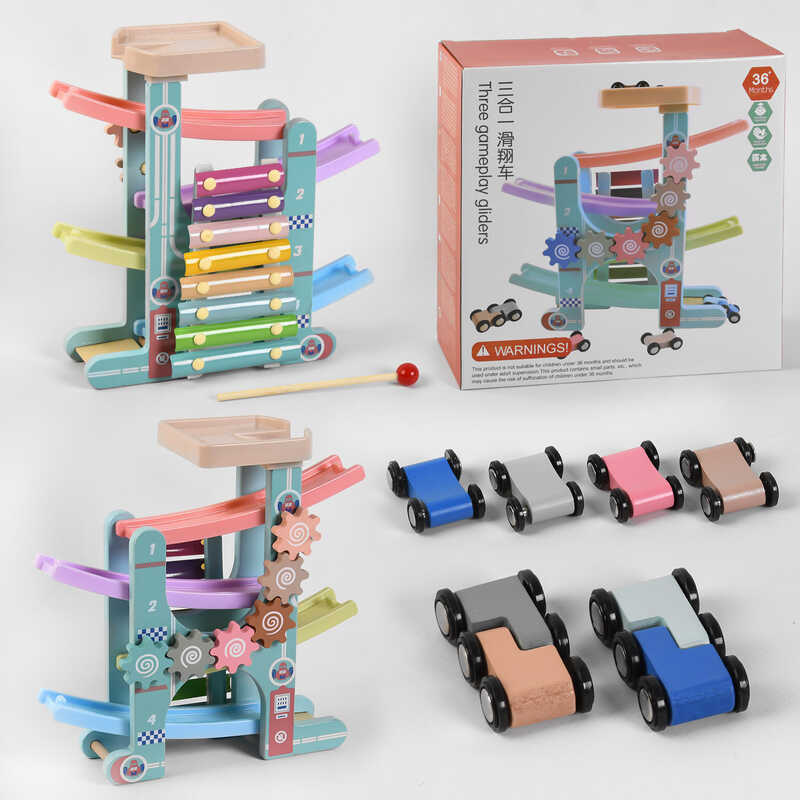 Трек C 44894 (20) дерево-пластик, 4 поверхи, 6 машинок, ксилофон, в коробці