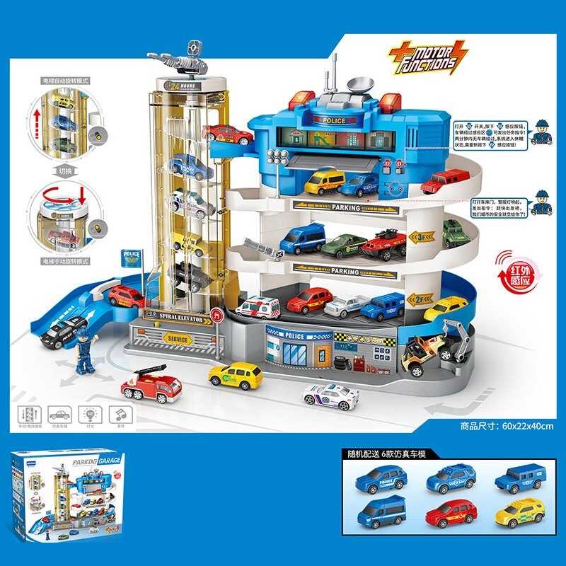 Трек E 7004 (4) “Поліція”, світло, звук, автоматичний ліфт, 4 поверхи, 6 машинок, ігрова фігурка, в коробці