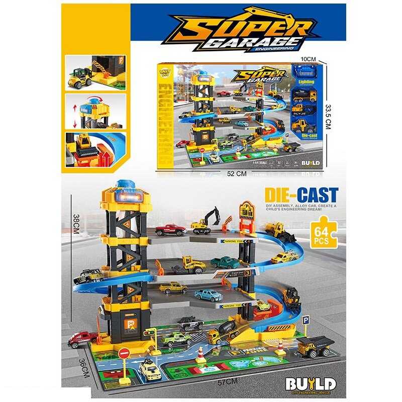 Трек MH 163 (16/2) 3 металопластикових машинки, звук, підсвічування, механічний ліфт, 4 поверхи, ігрове поле, масштаб 1:64, в коробці