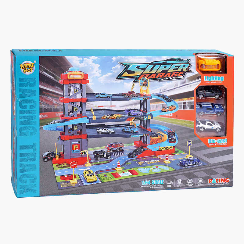 Трек MH 164 (16/2) звук, підсвічування, механічний підйомник, 4 рівні, 3 металопластикові машинки, килимок, аксесуари, в коробці