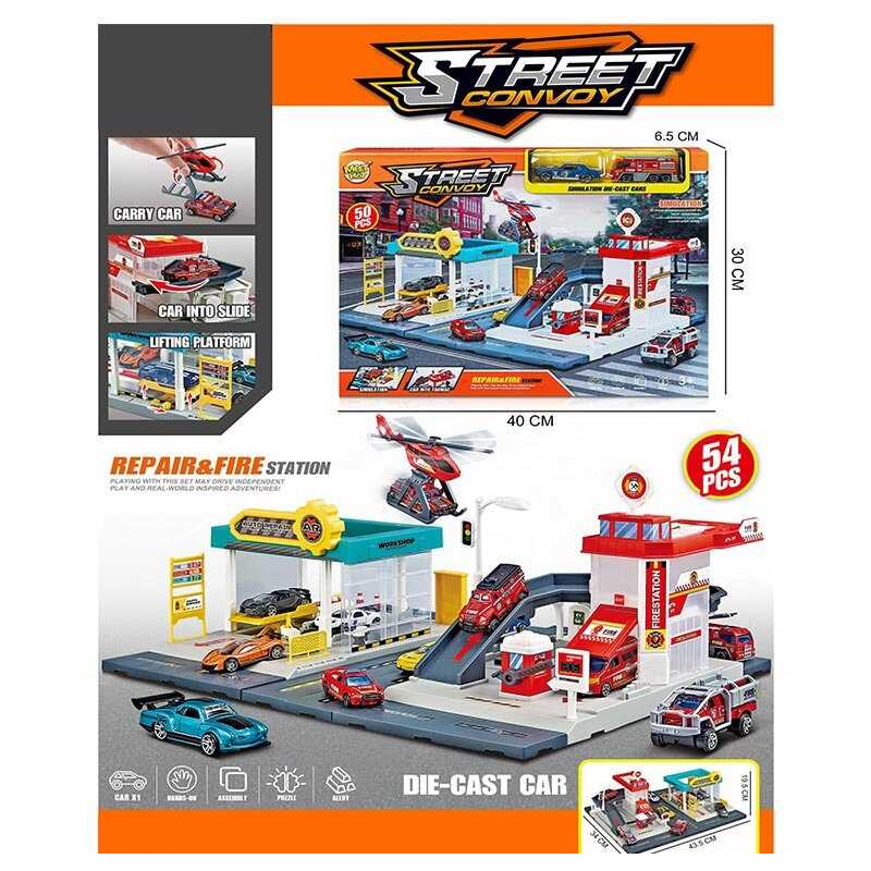 Трек MH 182 (24/2) 54 елементи, наліпки, 2 машинки, вертоліт, в коробці