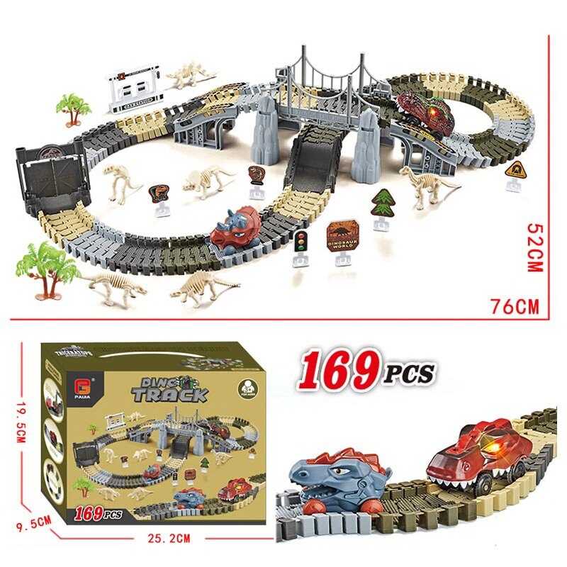 Трек P 923 (24) 2 машинки, підсвічування, муляжі оточення, фігурки динозаврів, в коробці