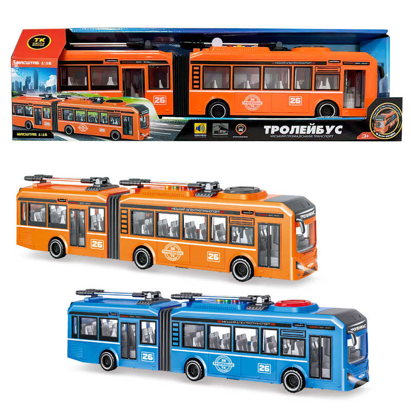 Тролейбус 26487 (48/2) “Авто Експерт“, ОЗВУЧУВАННЯ УКРАЇНСЬКОЮ МОВОЮ, 2 кольори, довжина 40 см, пісні, віршики, звук транспорту, правила дорожнього руху, підсвічування, інерція, дверцята відчиняються, масштаб 1:16, в коробці