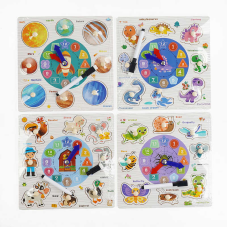 Вкладиші C 68283 (140) 4 види, дерев’яні, годинник, дошка для малювання, маркер “пиши-стирай”, ВИДАЄТЬСЯ МІКС ВИДІВ 