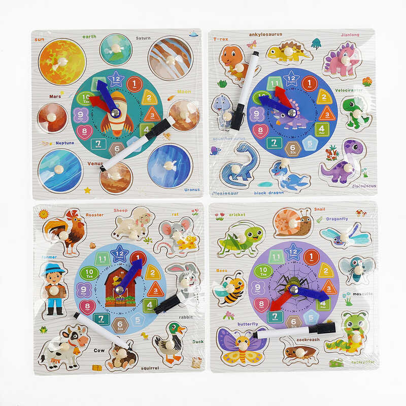 Вкладиші C 68283 (140) 4 види, дерев’яні, годинник, дошка для малювання, маркер “пиши-стирай”, ВИДАЄТЬСЯ МІКС ВИДІВ 