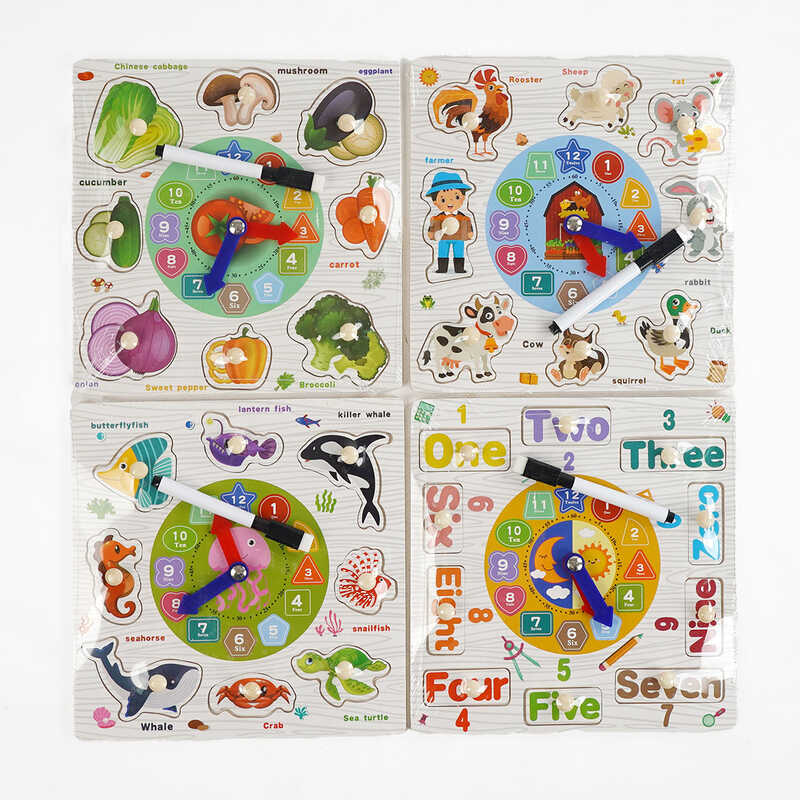 Вкладиші C 68284 (140) 4 види, дерев’яні, годинник, дошка для малювання, маркер “пиши-стирай”, ВИДАЄТЬСЯ МІКС ВИДІВ 