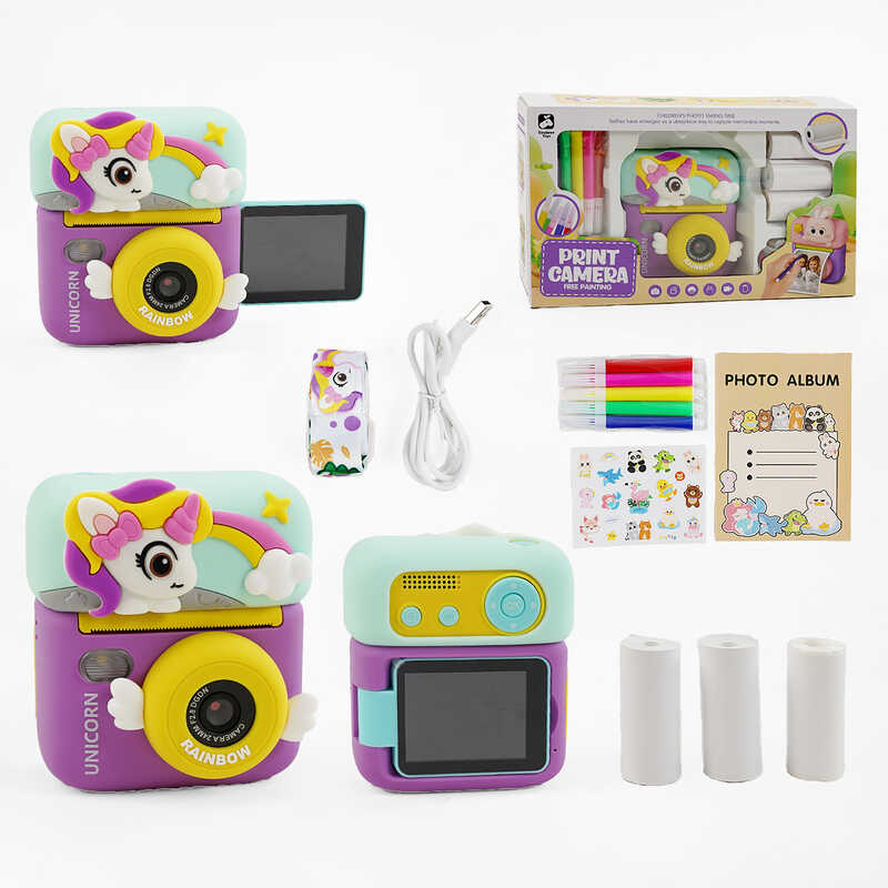 Фотоапарат-принтер M 12 U (40) поворотний екран, дріт USB Type-C, роз’єм для SD карти, 3 рулони термопаперу, ремінець, наліпки, фломастери, в коробці