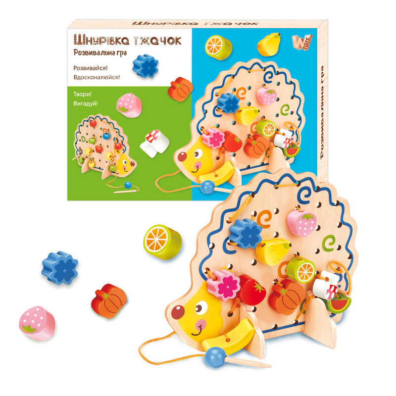 Шнурівка 25916 (18) “WToys“, “Їжачок“, дерев“яна, кольорові намистини, шнурок, в коробці
