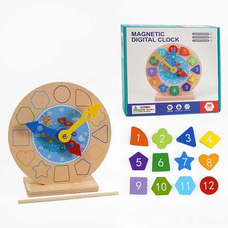 Годинник С 68300 (32) дерев“яний, рухомі стрілки, магніти, пронумеровані фігурки, паличка 