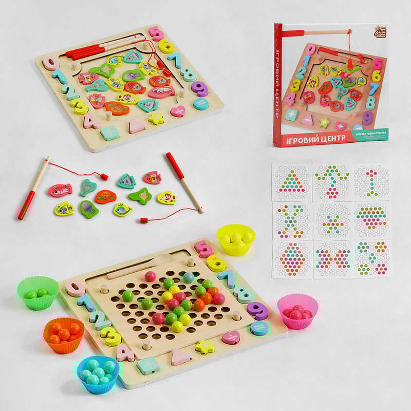 гр Ігровий центр 30351 (12) “4FUN Game Club Wood“, магнітна риболовля, сортер, мозаїка, гра-шнурівка, кульки, в коробці