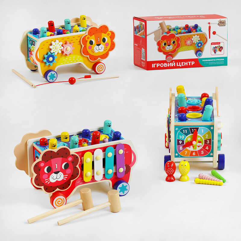 гр Ігровий центр 55202 (24) “4FUN Game Club Wood“, “Лев“, ксилофон, магнітна риболовля, стукалка, шестерні, годинник,  у коробці