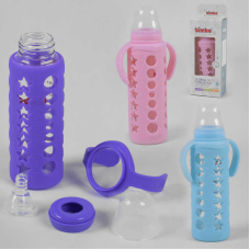 гр Пляшка скляна 15798 (48) з силіконовою соскою, “BIMBO“, 240 мл, 3 кольори, 1шт в коробці