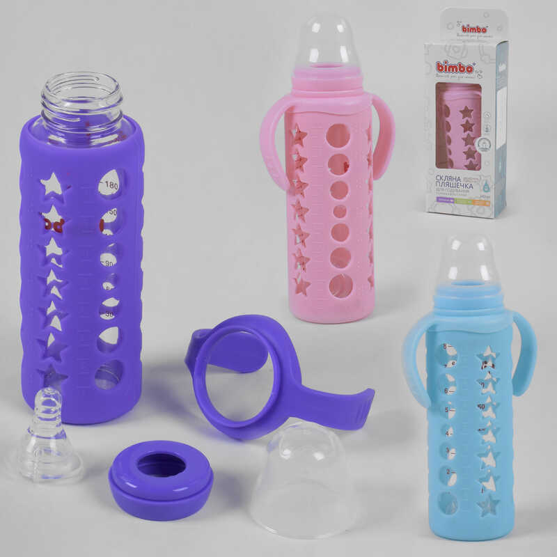 гр Пляшка скляна 15798 (48) з силіконовою соскою, “BIMBO“, 240 мл, 3 кольори, 1шт в коробці