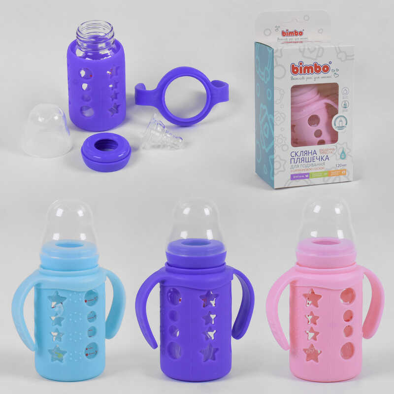 гр Пляшка скляна 75130 (48) з силіконовою соскою, “BIMBO“, 120 мл, 3 кольори, 1шт в коробці