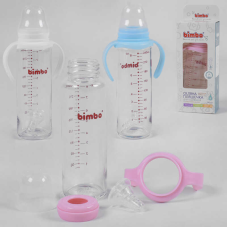 гр Пляшка скляна 33812 (48) з силіконовою соскою, “BIMBO“, 240 мл, 3 кольори, 1шт в коробці
