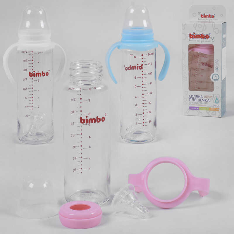 гр Пляшка скляна 33812 (48) з силіконовою соскою, “BIMBO“, 240 мл, 3 кольори, 1шт в коробці гр Пляшка скляна 33812 (48) з силіконовою соскою, “BIMBO“, 240 мл, 3 кольори, 1шт в коробці
