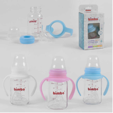 гр Пляшка скляна 55870 (48) з силіконовою соскою, “BIMBO“, 120 мл, 3 кольори, 1шт в коробці