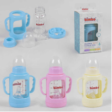 гр Пляшка скляна 99396 (48) “BIMBO“ з силіконовою соскою, 120 мл, 3 кольори, 1шт в коробці