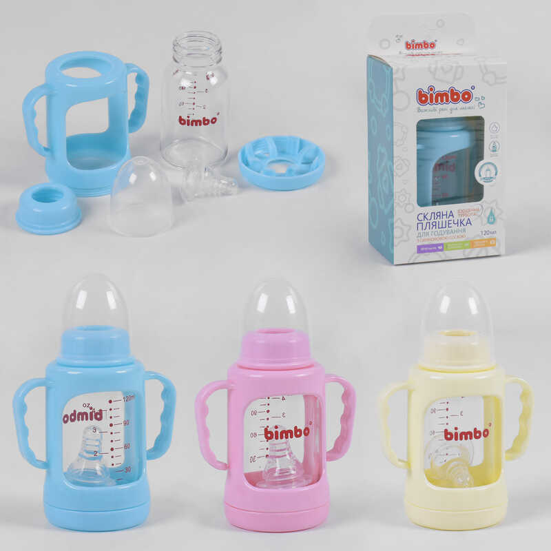 гр Пляшка скляна 99396 (48) “BIMBO“ з силіконовою соскою, 120 мл, 3 кольори, 1шт в коробці