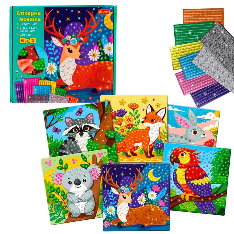 гр Великий набір “Стікерна мозаїка“ 10100678У (17) “Ранок“, 6 картинок, 1400 наліпок, в коробці