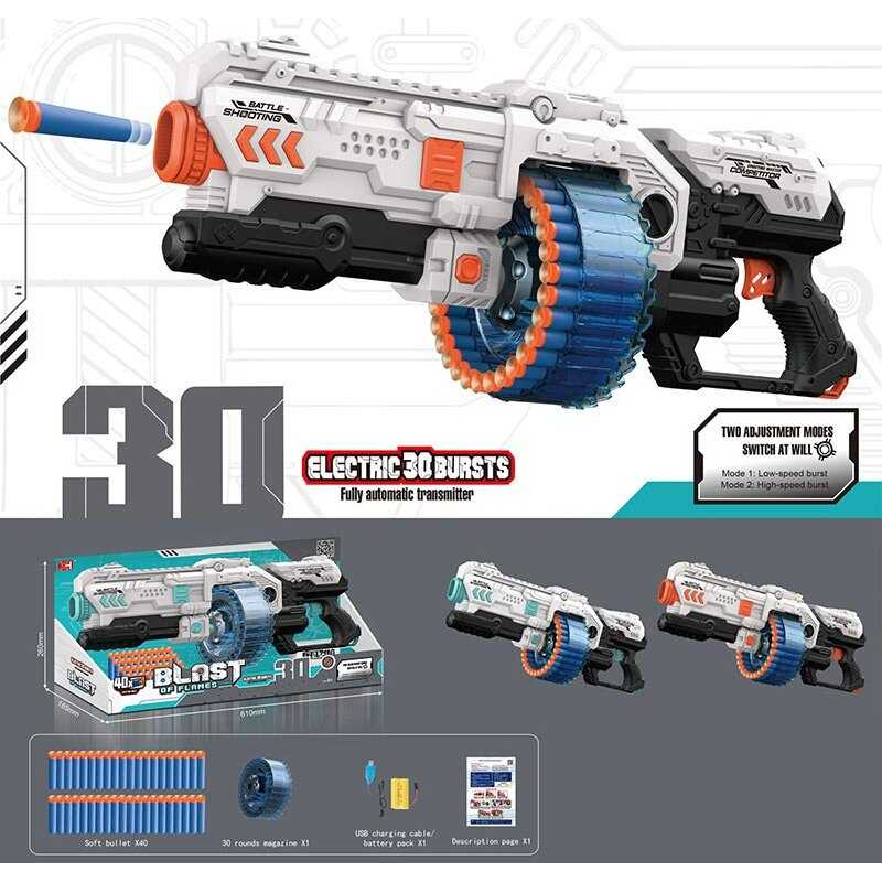 Автомат XH 9963-1 (12) 2 кольори, стріляє м’якими патронами, автоматичний принцип роботи, 40 патронів, ак. 4.8V, USB-кабель, в коробці