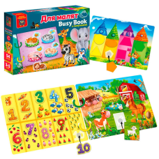 гр Гра з липучками “Бізі бук. Для малят“ VT 1310-07 /укр/ (9) “Vladi Toys“, 6 сторінок, 2 кільця, 54 деталі, набір липучок, в коробці