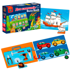 гр Гра з липучками “Бізі бук. Для хлопчиків“ VT 1310-10 /укр/ (9) “Vladi Toys“, 6 сторінок, 2 кільця, 51 деталі, набір липучок, в коробці