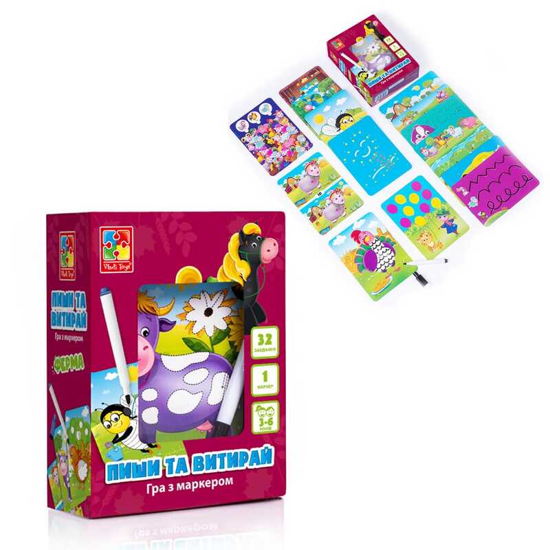 гр Гра настільна “Пиши та витирай. Ферма“ (укр) VT5010-19 (12) “Vladi Toys“, 34 магнітні елементи