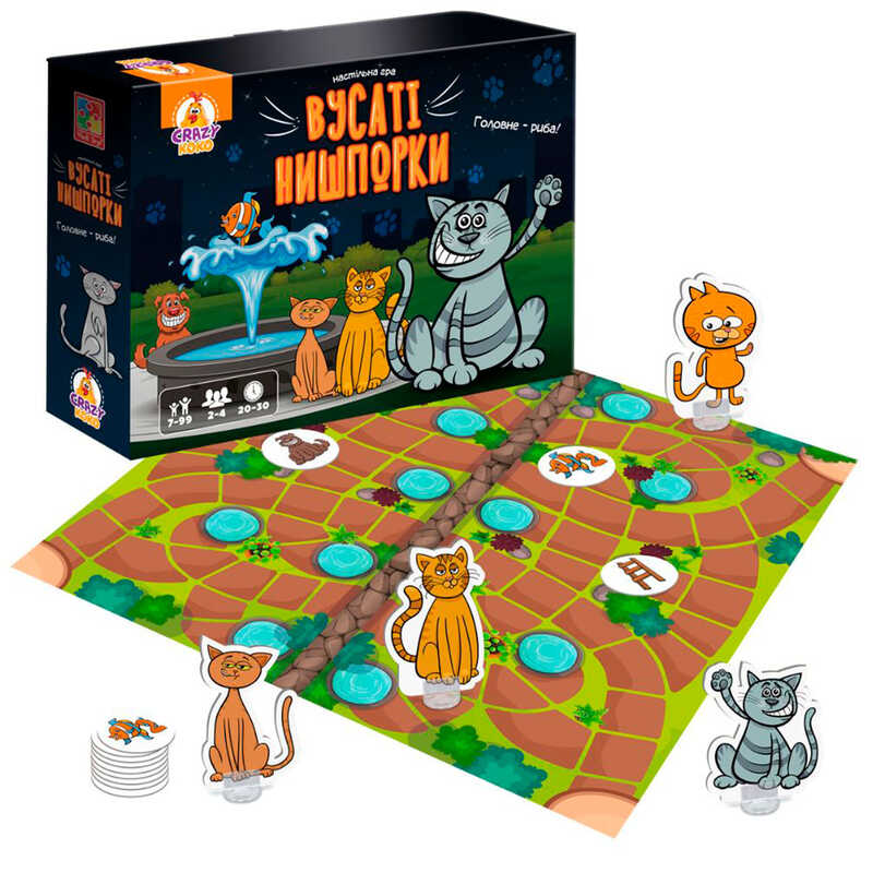 гр Гра настільна маршрутна “Вусаті нишпорки“ VT8055-44 (5) “Vladi Toys“, гральне поле, 16 жетонів, 4 фігурки котів, 4 підставки, гральний кубик, правила гри, в коробці