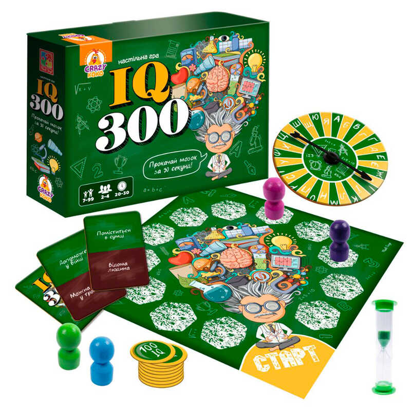 гр Гра настільна розважальна “IQ300“ VT8055-46 (5) “Vladi Toys“, гральне поле, 50 карток, 9 жетонів, 4 пішаки, колесо фортуни, пісочний годинник, правила гри, в коробці