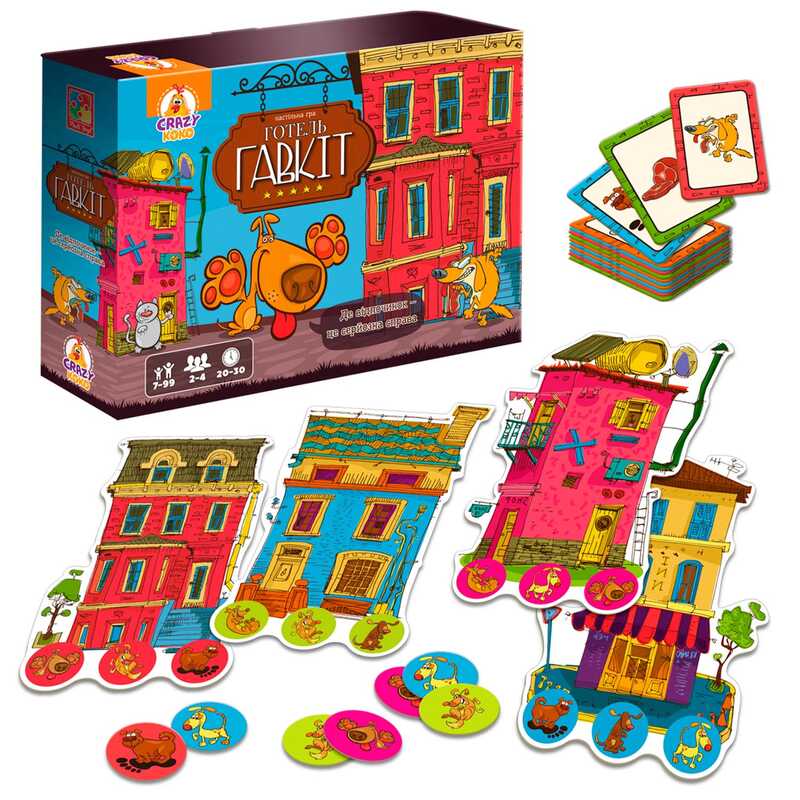 гр Гра настільна розважальна “Готель Гавкіт“ VT8055-43 (5) “Vladi Toys“, 4 готелі, 24 жетони собак, 100 карток, правила гри, в коробці