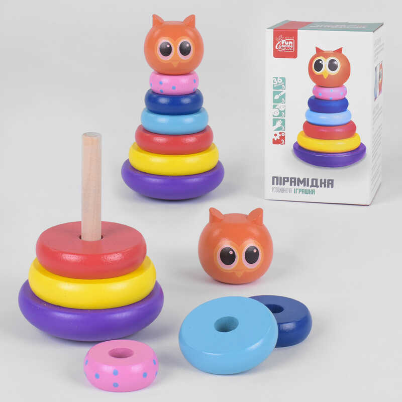 гр Дерев“яна пірамідка 91552 (24) “4FUN Game Club Wood“, “Сова“, нелягайко, 5 кілець, в коробці