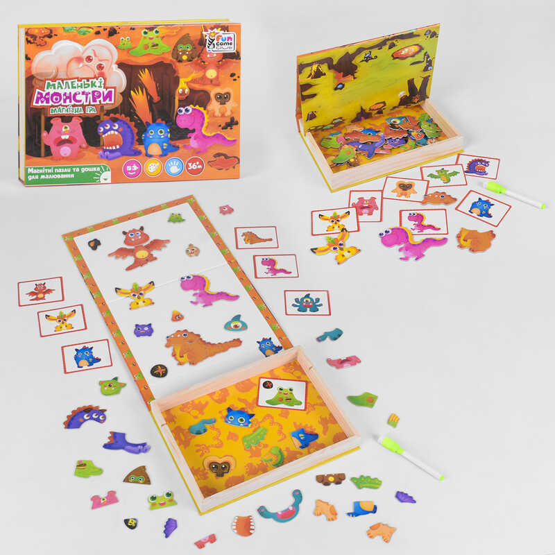 гр Дерев“яна гра 17037 “Маленькі монстри“ (12) “4FUN Game Club Wood“, 68 елементів, пазли, маркер, магнітна дошка, на укр. мовою, в коробці