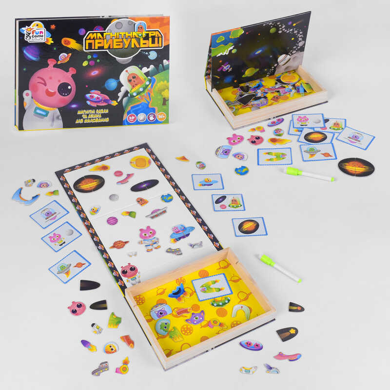 гр Дерев“яна гра 18094 “Космічні прибульці“ (12) “4FUN Game Club Wood“, 68 елементів, пазли, маркер, магнітна дошка, українською мовою, в коробці