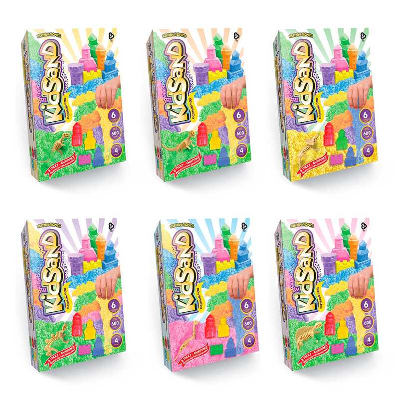 гр Кінетичний пісок “KidSand“ 600г KS-04-04U,05U,06U..09U (6) “Danko Toys“, 6 кольорів, 4 формочки, іграшка сюрприз, в коробці