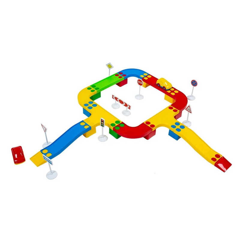 гр Конструктор “Кольорова дорога №2“ 114/23 (12) “BAMSIC“ 33 деталі, 2 машинки, дорожні знаки, в тубусі