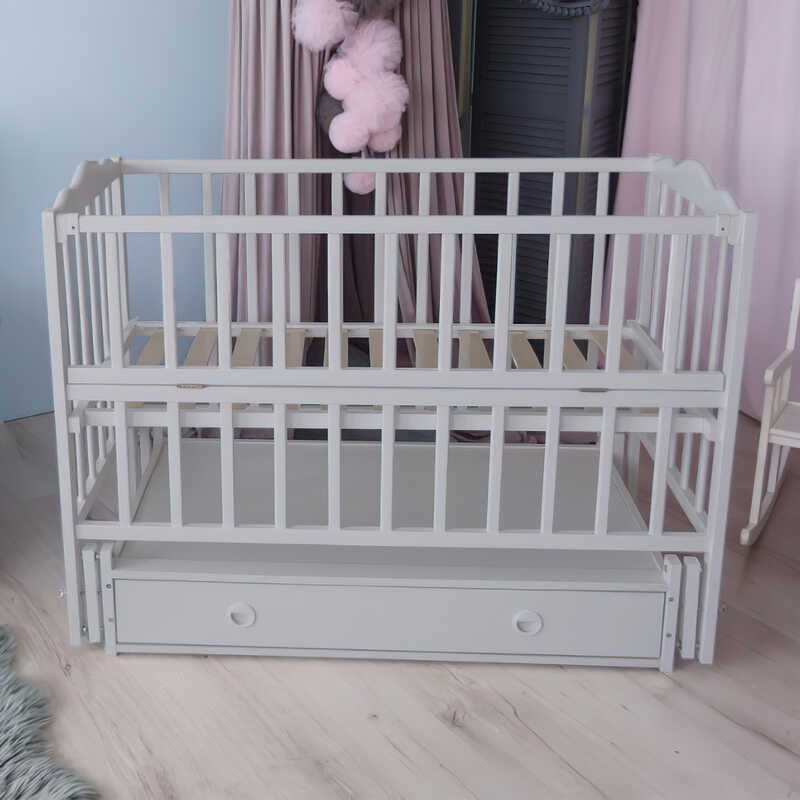 гр Ліжечко дитяче “Анастасія“ (1) шарнір-підшипник з відкидною боковиною+шухляда, бук (сірий)