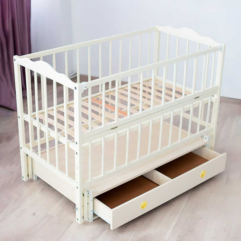 гр Ліжечко дитяче “Ангеліна“ (1) шарнір-підшипник з відкидною боковиною+шухляда, бук (слонова кістка)