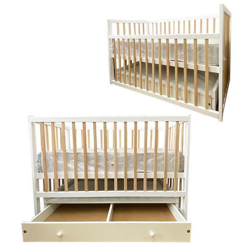 гр Ліжечко дитяче “Софія“ - шарнір-підшипник+ящик з опускною боковиною (Білий+натуральний)