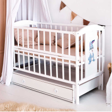 гр Ліжечко дитяче ЛІЛІ “Зайчик“ (1) шарнір-підшипник з відкидною боковиною+шухляда, (білий)