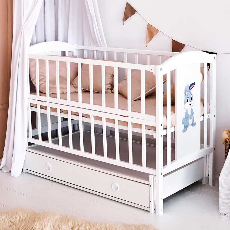 гр Ліжечко дитяче ЛІЛІ “Зайчик“ (1) шарнір-підшипник з відкидною боковиною+шухляда, (білий)