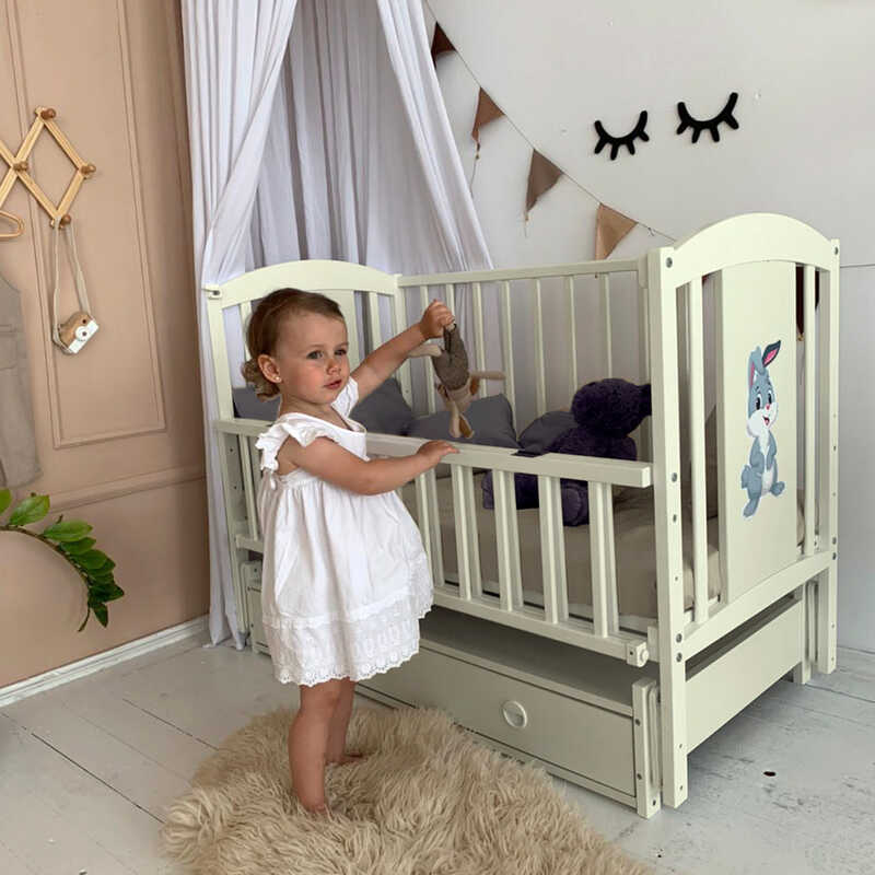 гр Ліжечко дитяче ЛІЛІ “Зайчик“ (1) шарнір-підшипник з відкидною боковиною+шухляда, (Слонова кістка)