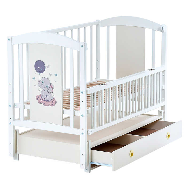 гр Ліжечко дитяче ЛІЛІ “Слоник“ (1) шарнір-підшипник з відкидною боковиною+шухляда, (слонова кістка)