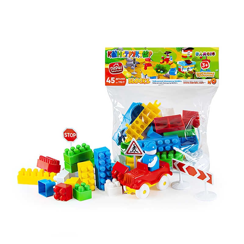 гр Конструктор “BAMSIBLOCK №0“ 115/7 (25) “BAMSIC“, 45 деталей, машинка, дорожні знаки, в пакеті